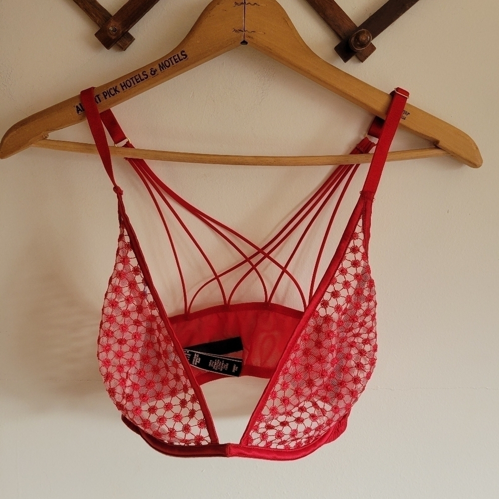 Victoria's Secret Starburst Unlined Plunge Bra Sheer Mesh Red Adjustable 32 DDD
